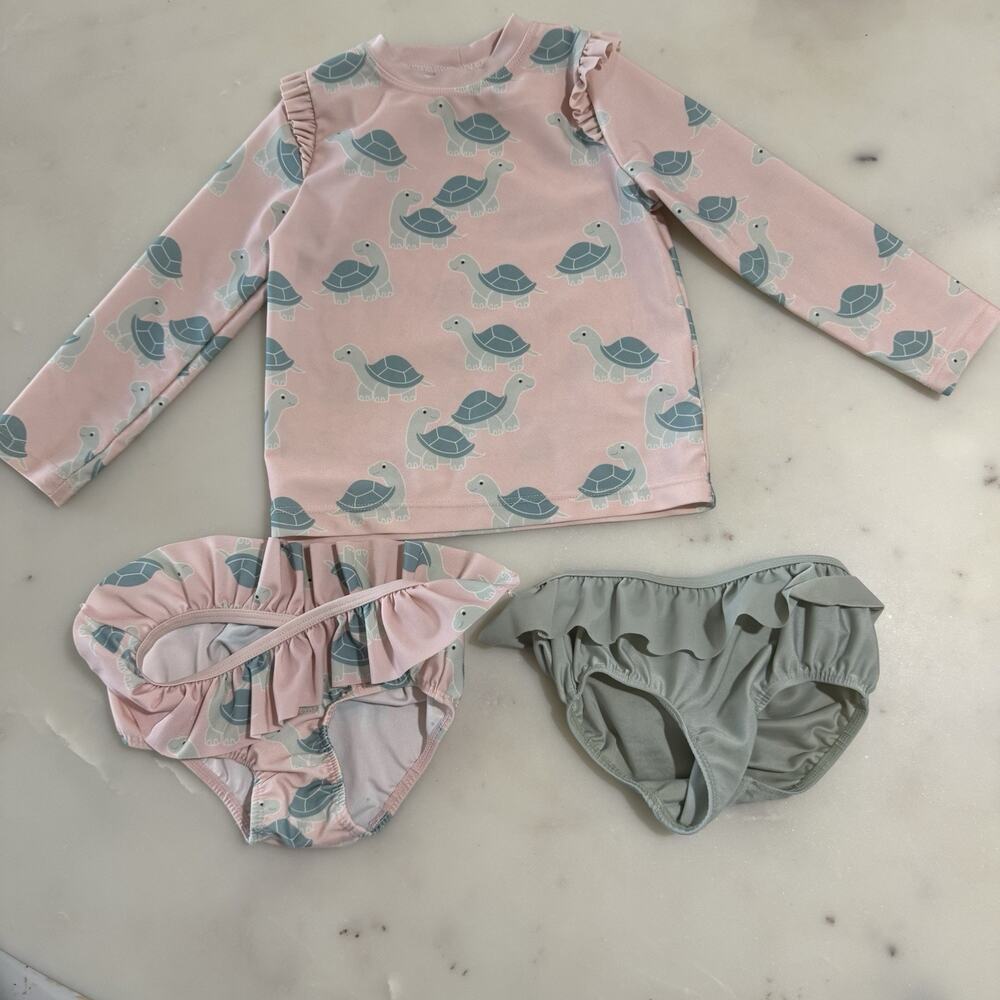 H&M Girls 2T Bathing Suit Long Sleeve Rash Guard Swim Set 2 Piece Pink Turtle